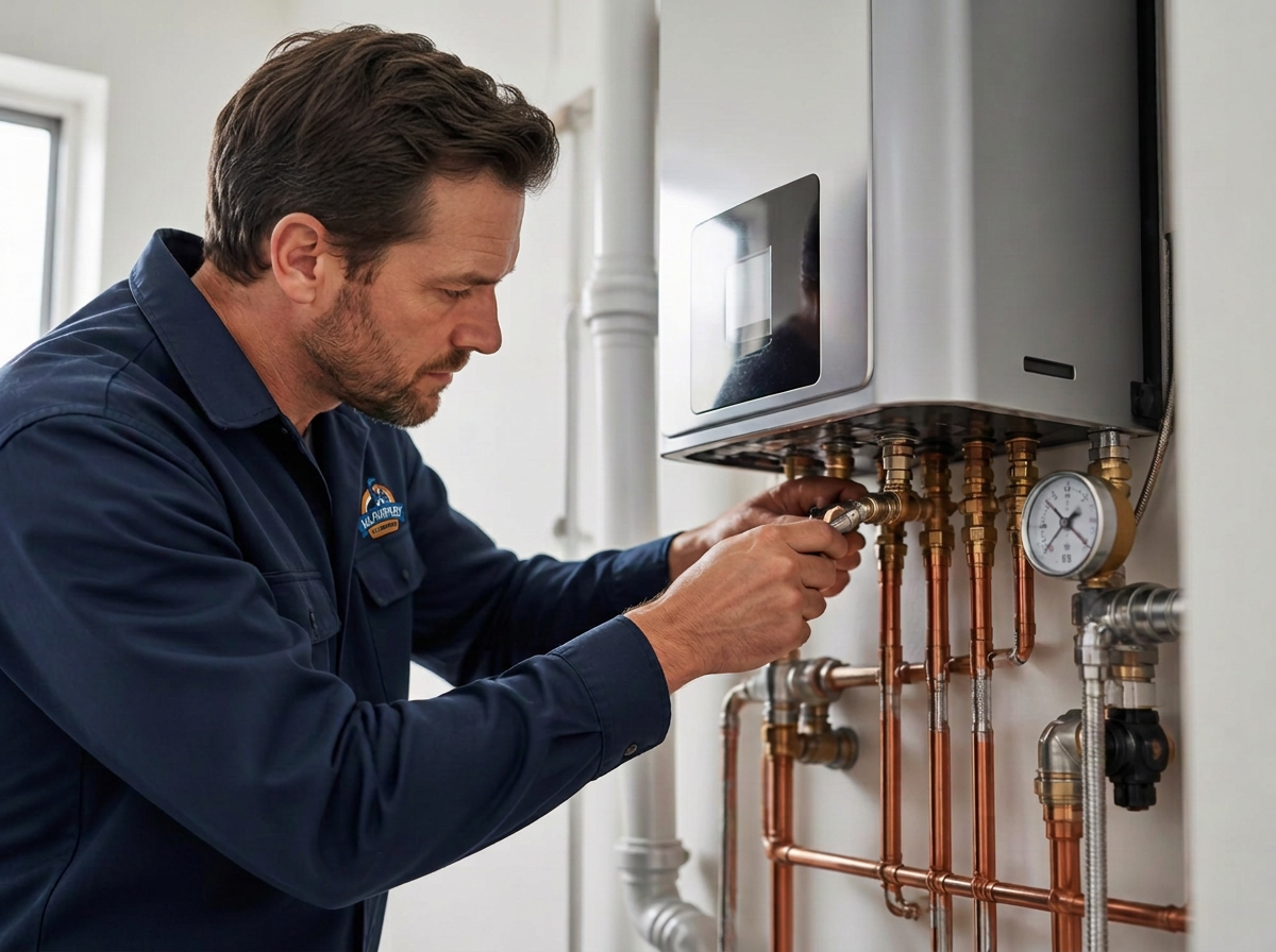 Plumber servicing a modern tankless water heater